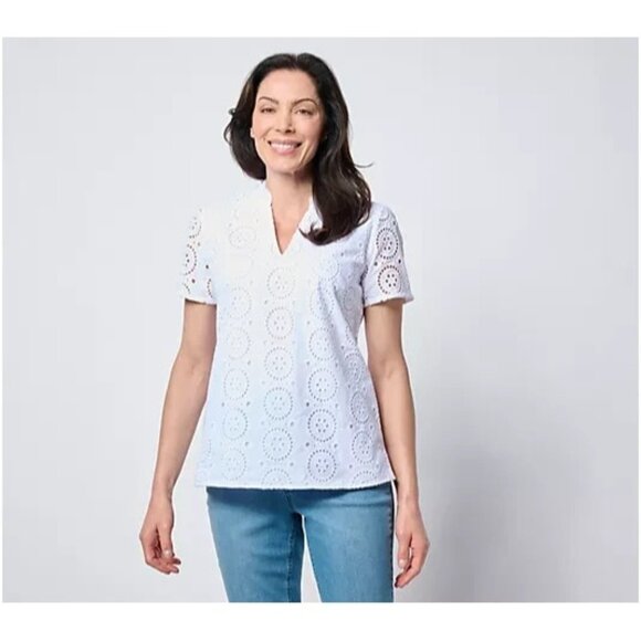 Belle by Kim Gravel Eyelet Front Knit Back Top White Medium A686371 - Picture 1 of 1